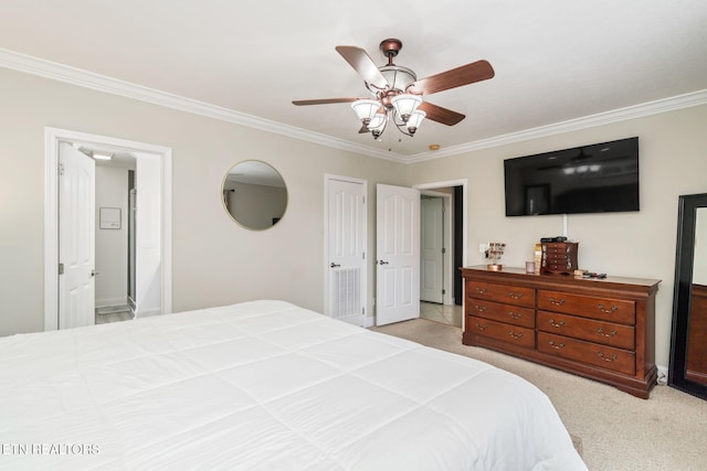 bedroom featuring light carpet, ceiling fan, and ornamental molding