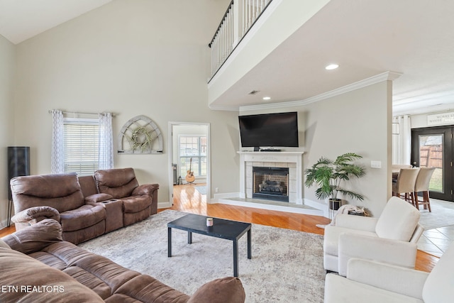 living room featuring baseboards, wood finished floors, a fireplace, and ornamental molding