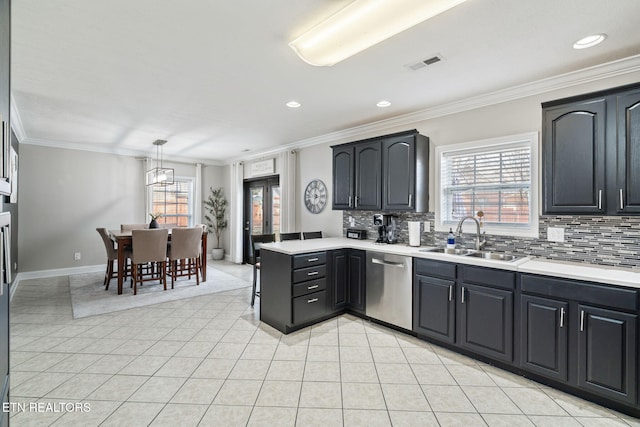 kitchen featuring visible vents, light tile patterned floors, a peninsula, stainless steel dishwasher, and a sink