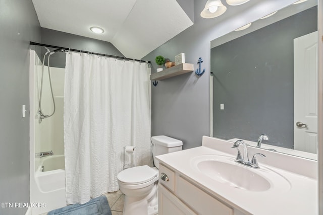 bathroom with vanity, shower / bathtub combination with curtain, lofted ceiling, tile patterned floors, and toilet