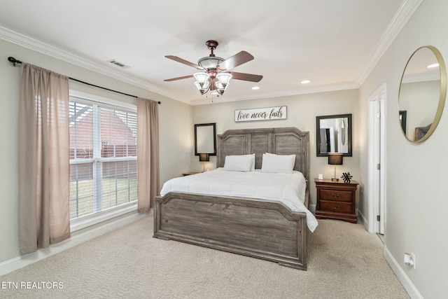 carpeted bedroom with visible vents, a ceiling fan, recessed lighting, crown molding, and baseboards