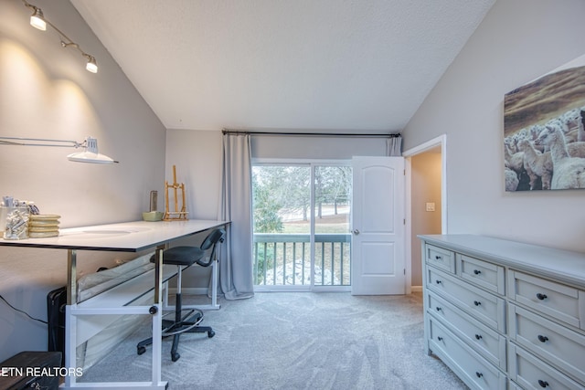 office featuring lofted ceiling, light carpet, and a textured ceiling