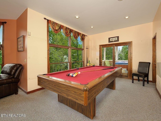 playroom with light carpet, pool table, and french doors