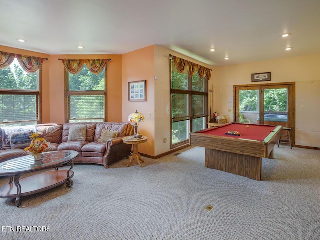 game room featuring light colored carpet, billiards, and a wealth of natural light