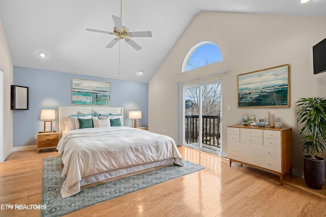 bedroom with ceiling fan, high vaulted ceiling, access to exterior, and light hardwood / wood-style floors