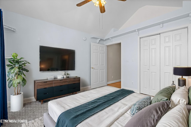 bedroom featuring lofted ceiling, a closet, and ceiling fan