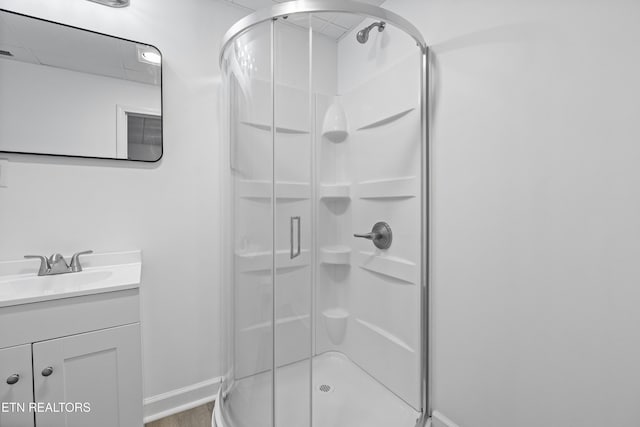 bathroom featuring vanity and a shower with door