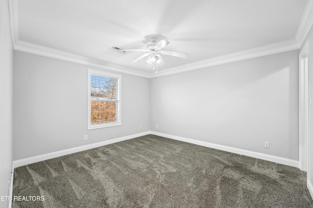 unfurnished room featuring dark carpet, crown molding, and ceiling fan