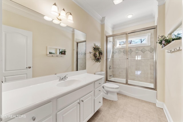 full bathroom with bath / shower combo with glass door, tile patterned flooring, vanity, toilet, and crown molding