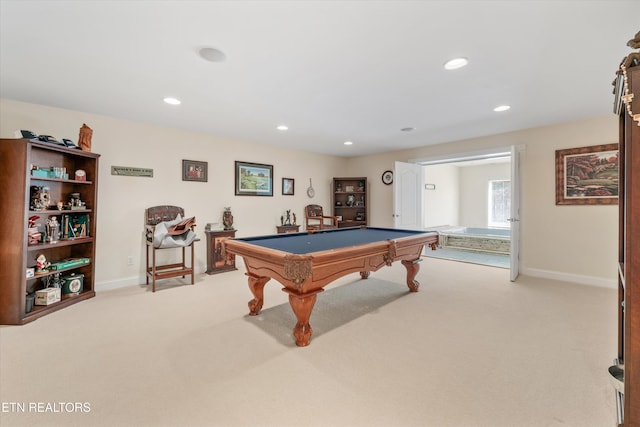 rec room featuring light carpet and pool table