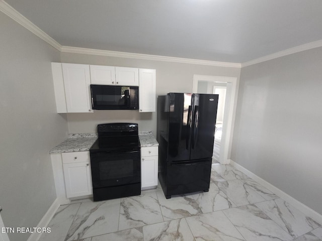 kitchen with light stone counters, white cabinets, crown molding, and black appliances