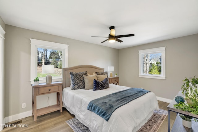 bedroom with ceiling fan and light wood-type flooring