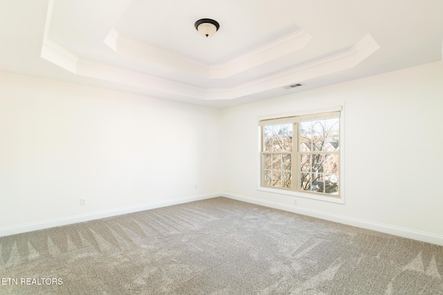 unfurnished room featuring crown molding, a tray ceiling, and carpet