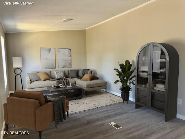 living room with crown molding and wood-type flooring