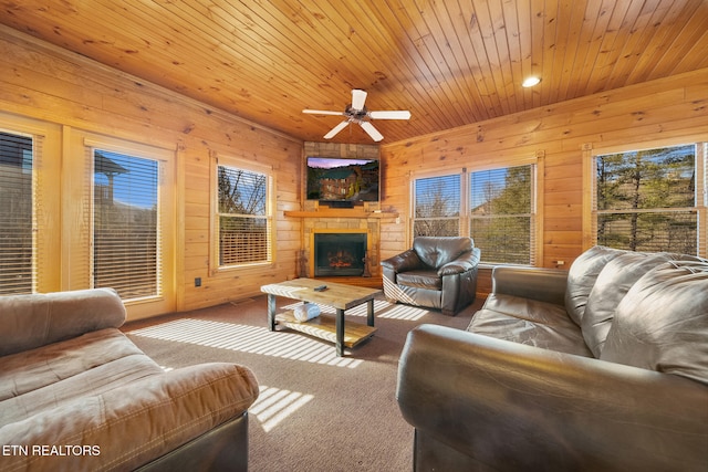 carpeted living room featuring ceiling fan, wooden ceiling, a fireplace, and wood walls