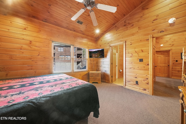 bedroom with ceiling fan, carpet floors, vaulted ceiling, wooden ceiling, and wood walls