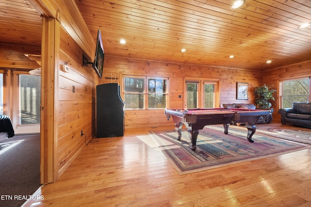 game room featuring wood ceiling, wooden walls, billiards, and light wood-type flooring