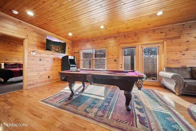 playroom with billiards, wooden walls, light hardwood / wood-style floors, and wooden ceiling