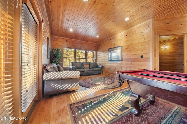 playroom featuring billiards, hardwood / wood-style floors, wooden walls, and wooden ceiling