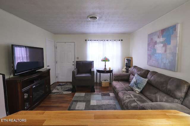 living room with dark hardwood / wood-style floors and a textured ceiling