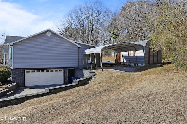 view of home's exterior featuring a carport and a garage