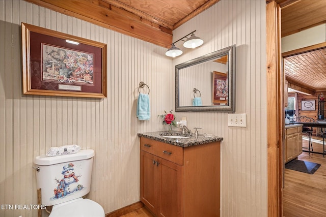 bathroom with vanity, wood-type flooring, and toilet