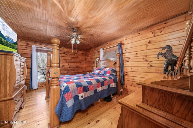 bedroom with wood ceiling, ceiling fan, wooden walls, and light hardwood / wood-style floors