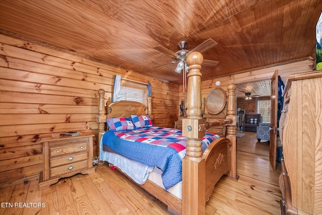 bedroom featuring ceiling fan, wood walls, wooden ceiling, and light wood-type flooring