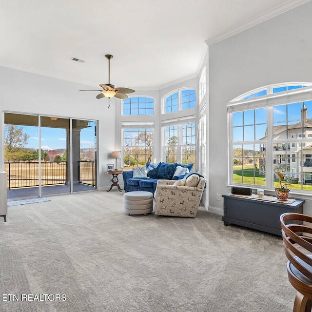 545 Rarity Bay Pkwy Apt 207, Vonore, TN 37885 - carpeted living area with ornamental molding, ceiling fan, baseboards, and a high ceiling