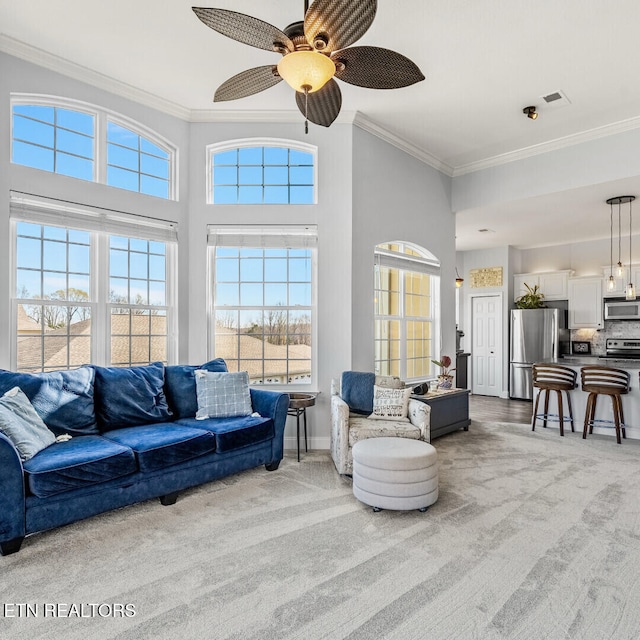 545 Rarity Bay Pkwy Apt 207, Vonore, TN 37885 - living area featuring crown molding, carpet, a ceiling fan, and baseboards