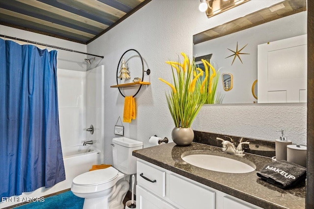 full bathroom featuring vanity, toilet, and shower / tub combo