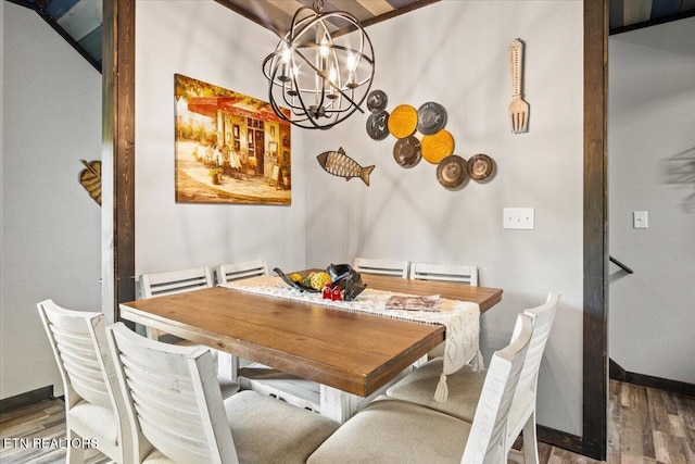 dining room with hardwood / wood-style flooring and a notable chandelier