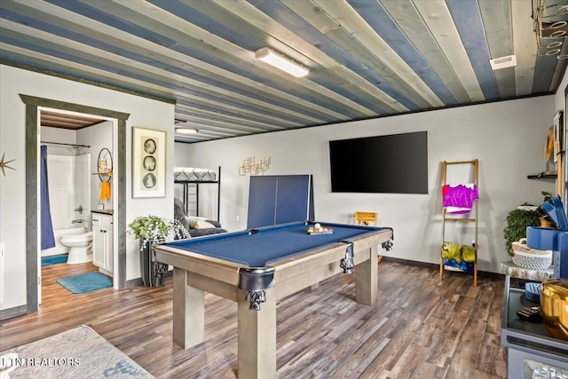 rec room with hardwood / wood-style floors, pool table, and wooden ceiling