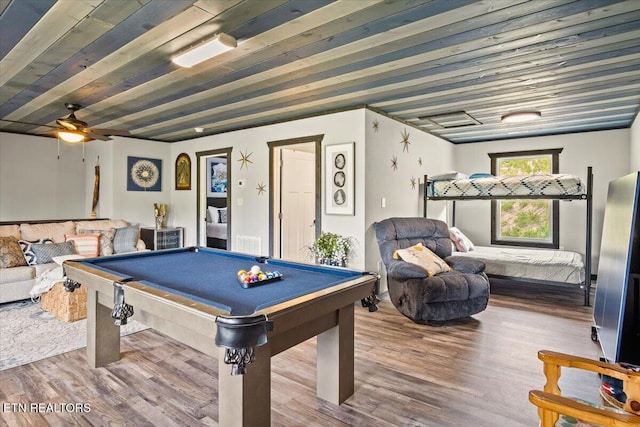 game room featuring hardwood / wood-style flooring, pool table, and wooden ceiling