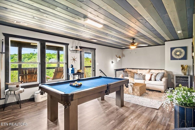 recreation room with wood-type flooring, wooden ceiling, and billiards