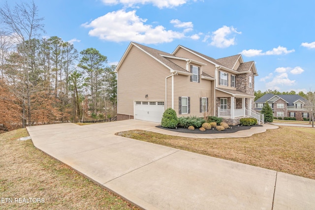 view of property exterior featuring a garage and a lawn