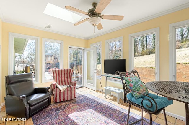 sunroom / solarium featuring ceiling fan and a skylight