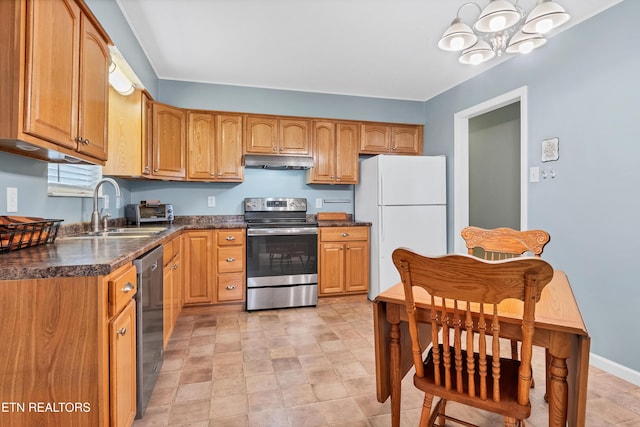 kitchen featuring appliances with stainless steel finishes, sink, and a notable chandelier