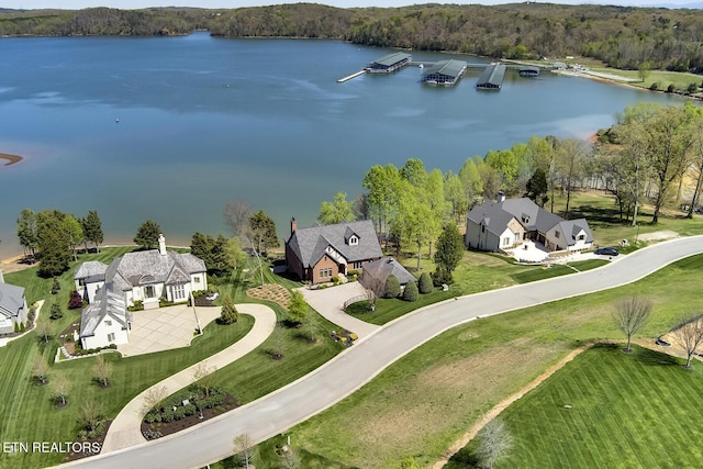 drone / aerial view featuring a water view