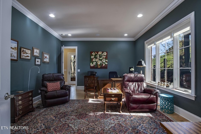 living room with ornamental molding and wood-type flooring