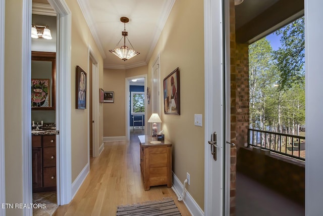 hall with ornamental molding and light hardwood / wood-style flooring