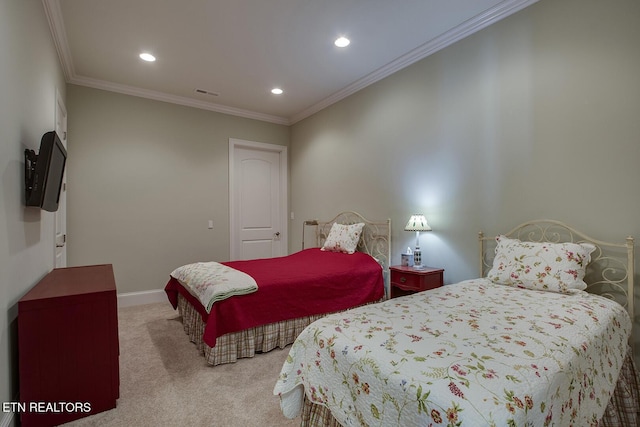 carpeted bedroom with crown molding