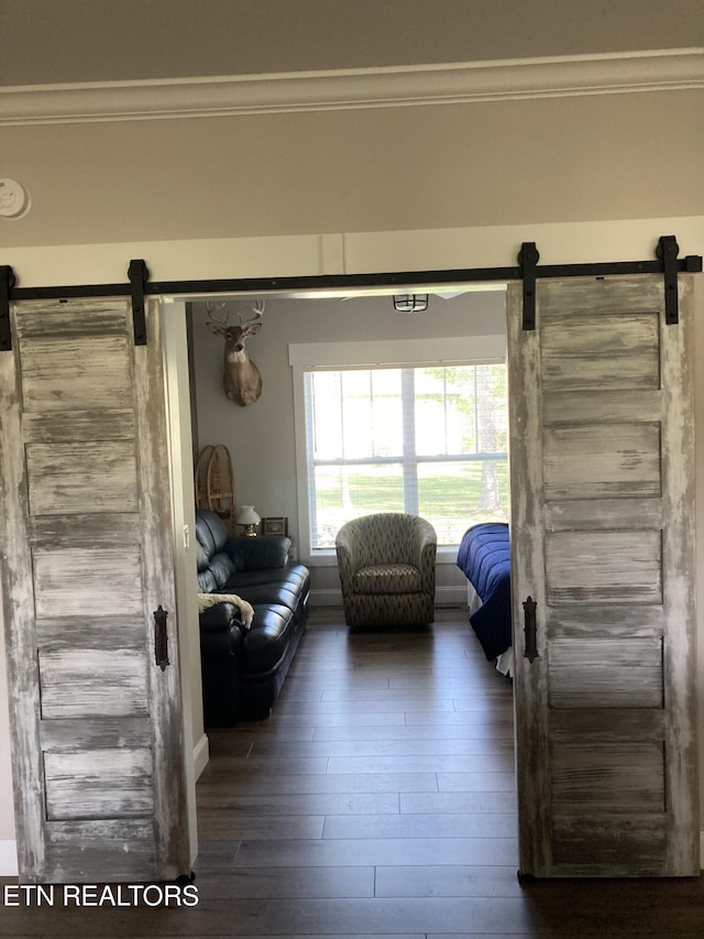 living room featuring crown molding, a barn door, and dark wood-type flooring