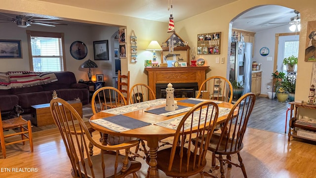 dining area featuring hardwood / wood-style flooring, lofted ceiling, and ceiling fan