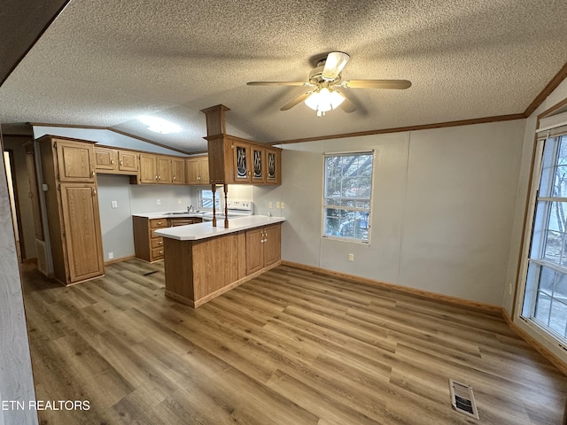 kitchen with crown molding, lofted ceiling, wood-type flooring, and kitchen peninsula