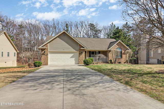 single story home with a front yard, roof with shingles, an attached garage, concrete driveway, and brick siding