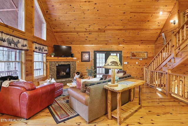 living room featuring light wood-type flooring, a fireplace, wood ceiling, and wood walls