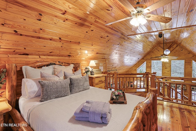 bedroom with wood-type flooring, lofted ceiling, wood ceiling, and wooden walls