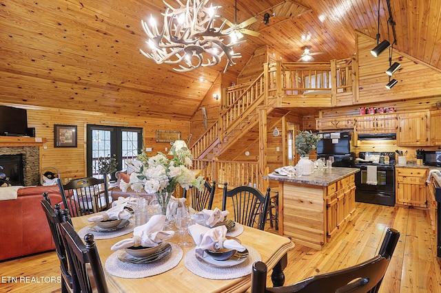 dining space with wood ceiling, high vaulted ceiling, wood walls, a stone fireplace, and light wood-type flooring