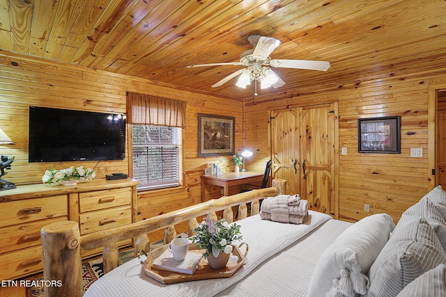 bedroom featuring wood ceiling and wooden walls